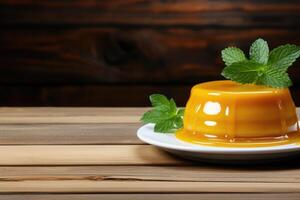 ai generado un Flan en un plato con en parte superior cocina mesa profesional publicidad comida fotografía foto