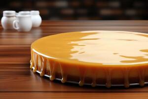 ai generado un Flan en un plato con en parte superior cocina mesa profesional publicidad comida fotografía foto