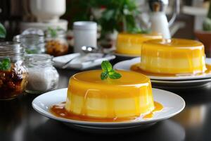 ai generado un Flan en un plato con en parte superior cocina mesa profesional publicidad comida fotografía foto