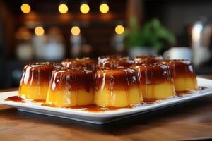 ai generado un Flan en un plato con en parte superior cocina mesa profesional publicidad comida fotografía foto