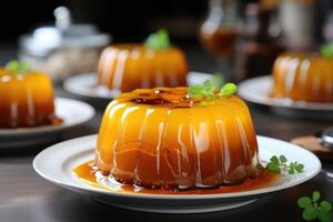 ai generado un Flan en un plato con en parte superior cocina mesa profesional publicidad comida fotografía foto