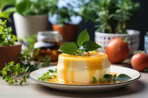 AI generated a flan on a plate with on top kitchen table professional advertising food photography photo