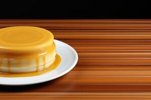 ai generado un Flan en un plato con en parte superior cocina mesa profesional publicidad comida fotografía foto