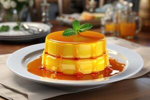 ai generado un Flan en un plato con en parte superior cocina mesa profesional publicidad comida fotografía foto