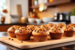 AI generated fresh muffin is served at the kitchen table professional advertising food photography photo