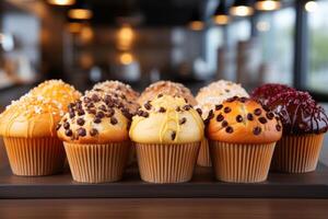 AI generated fresh muffin is served at the kitchen table professional advertising food photography photo