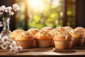 AI generated fresh muffin is served at the kitchen table professional advertising food photography photo