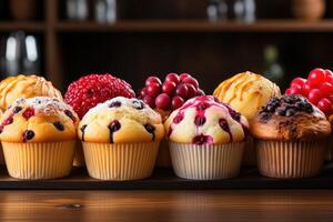 AI generated fresh muffin is served at the kitchen table professional advertising food photography photo