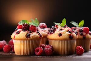 AI generated fresh muffin is served at the kitchen table professional advertising food photography photo