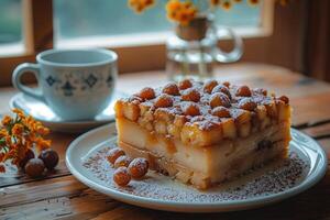 ai generado un Flan en un plato con en parte superior cocina mesa profesional publicidad comida fotografía foto