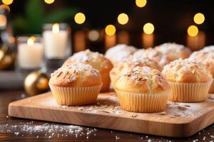 AI generated fresh muffin is served at the kitchen table professional advertising food photography photo