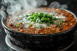 AI generated pozole mexican food in the kitchen table professional advertising food photography photo