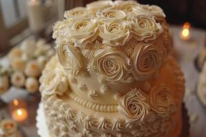 AI generated beautiful decorated wedding cake design professional advertising food photography photo