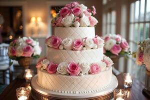 AI generated beautiful decorated wedding cake design professional advertising food photography photo