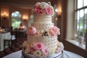 AI generated beautiful decorated wedding cake design professional advertising food photography photo