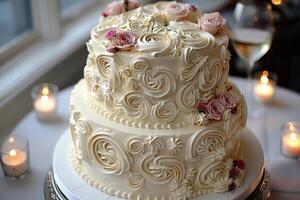 AI generated beautiful decorated wedding cake design professional advertising food photography photo