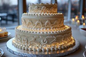 AI generated beautiful decorated wedding cake design professional advertising food photography photo