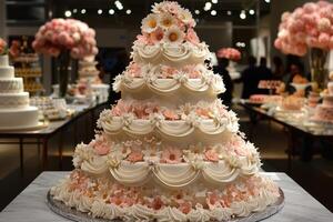 AI generated beautiful decorated wedding cake design professional advertising food photography photo