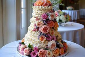 AI generated beautiful decorated wedding cake design professional advertising food photography photo