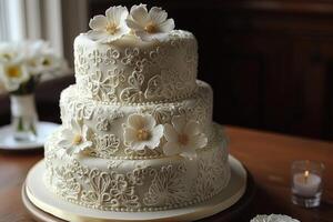 AI generated beautiful decorated wedding cake design professional advertising food photography photo