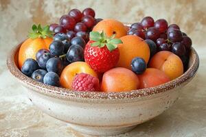 ai generado desayuno con un Fresco frutas cuenco publicidad comida fotografía foto