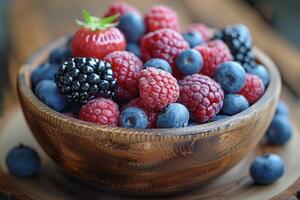 ai generado desayuno con un Fresco frutas cuenco publicidad comida fotografía foto