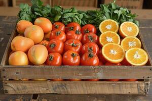 AI generated fresh fruits and vegetables in the box advertising food photography photo