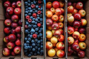 ai generado Fresco frutas y vegetales en el caja publicidad comida fotografía foto