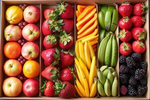 ai generado Fresco frutas y vegetales en el caja publicidad comida fotografía foto