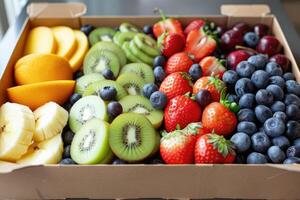 ai generado Fresco frutas y vegetales en el caja publicidad comida fotografía foto