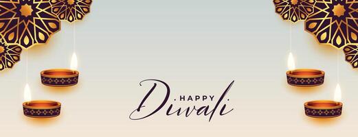 elegant happy diwali traditional banner with realistic oil lamp design vector