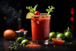 AI generated Bloody Mary cocktail with tomato, lime and cilantro on dark background. Commercial promotional photo