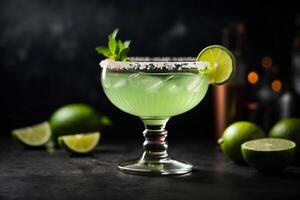 AI generated Classic Margarita cocktail with lime, mint and ice on dark background. Commercial promotional photo