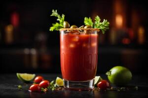 AI generated Bloody Mary cocktail with tomato, lime and cilantro on dark background. Commercial promotional photo