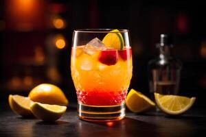 AI generated Tequila sunrise cocktail with lime and ice on dark background. Commercial promotional photo