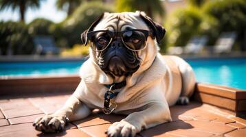 AI generated Cute pug, funny dog with sunglasses laying down near pool. Dog On Vacation. Concept of travel and summer vacation. photo