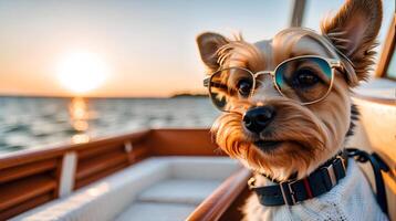 ai generado linda Yorkshire terrier, gracioso perro en Gafas de sol sentado en el yate. perro en vacaciones. concepto de viaje y verano vacaciones. foto