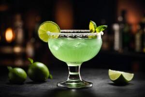 AI generated Classic Margarita cocktail with lime, mint and ice on dark background. Commercial promotional photo