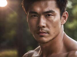 AI generated Masculine Shirtless Asian Guy Looking at Camera during Sunrise in The Forest Sensual Portrait photo