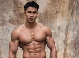 AI generated Sexy Tan Shirtless Muscle Asian Guy Posing Looking at Camera Portrait photo