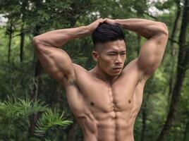 ai generado caliente sin camisa asiático músculo chico levantamiento brazos actitud en el bosque retrato foto