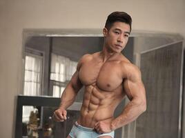 AI generated Bare Chested Hot Muscular Asian Guy with Underwear Posing Portrait in A Building photo