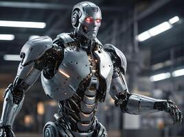 AI generated Mechanical Grey Robot with Lights on Its Body in A Factory Conceptual Portrait photo
