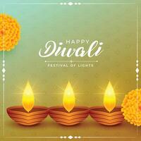 nice happy diwali celebration background with burning diya and floral vector