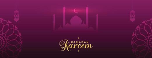 Ramadán kareem púrpura decorativo bandera con mezquita y linterna vector