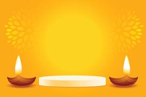 3d podium and diya design on yellow background for diwali festival vector