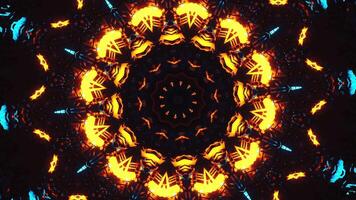 Colorful pattern with black background and yellow center. Kaleidoscope VJ loop video