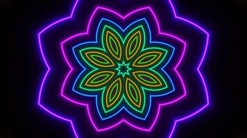 Neon flower with black background and blue center. Kaleidoscope VJ loop video