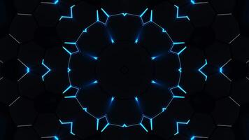 Circular pattern with blue lights on black background. Kaleidoscope VJ loop video