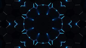 Circular pattern with blue lights on black background. Kaleidoscope VJ loop video